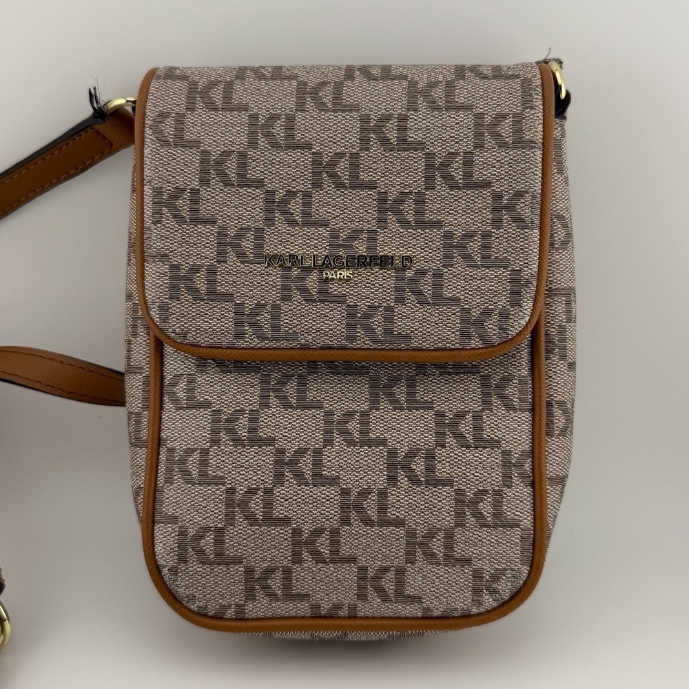 Karl Lagerfeld Paris Crossbody Phone Bag Brown Monogram Logo Small Purse